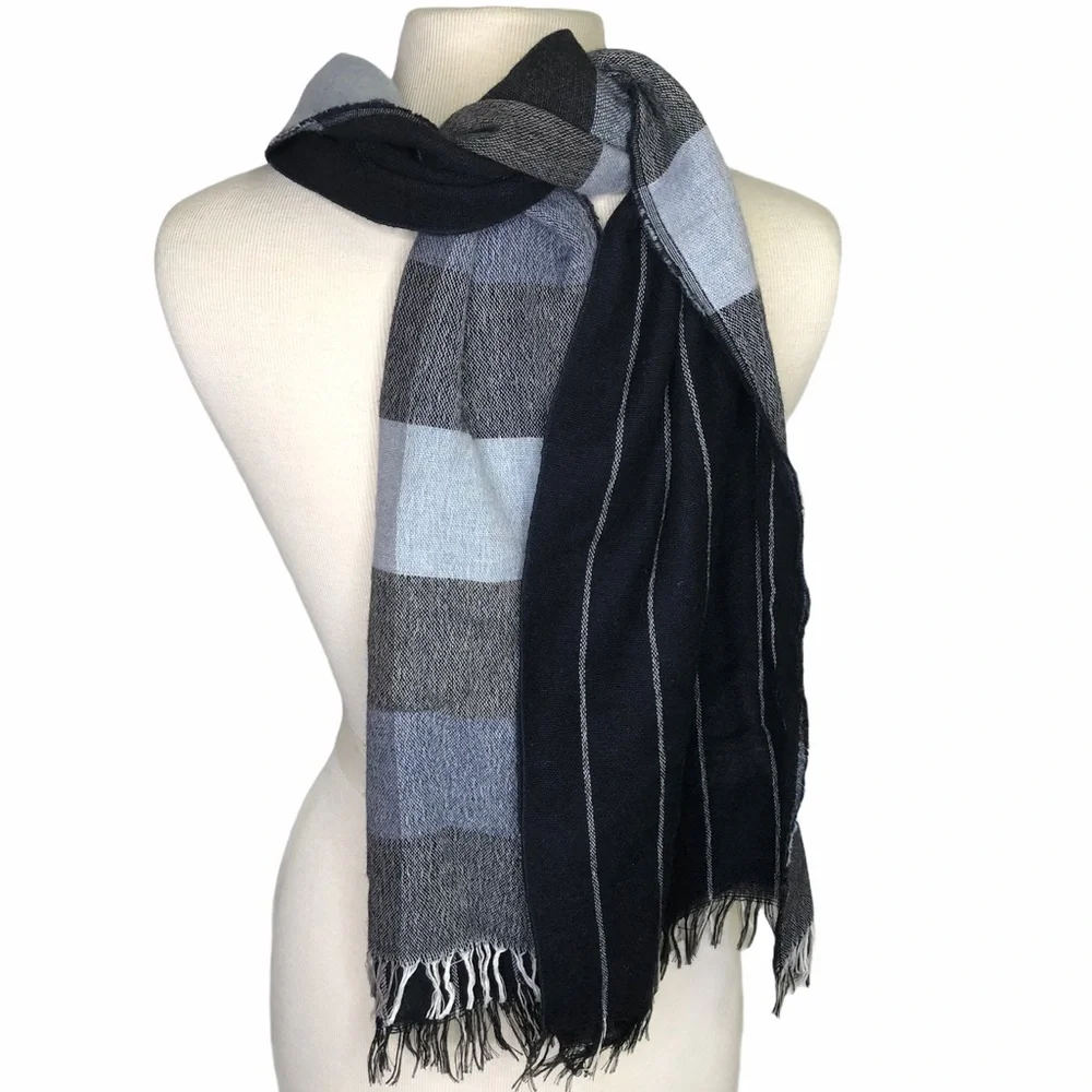 Lancioni 1973 blue black plaid and striped scarf